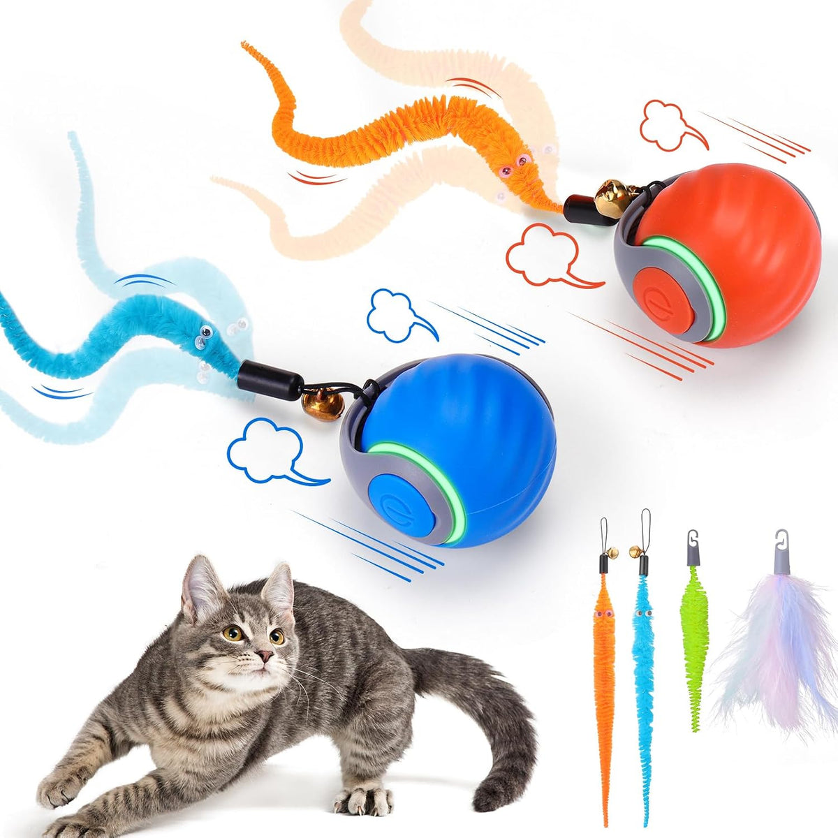 Interactive Cat Toy Ball - Automatic Interactive Cat Toys for Indoor Cats with 3 Tails, 2 Speeds - 2 Pack Blue+Orange