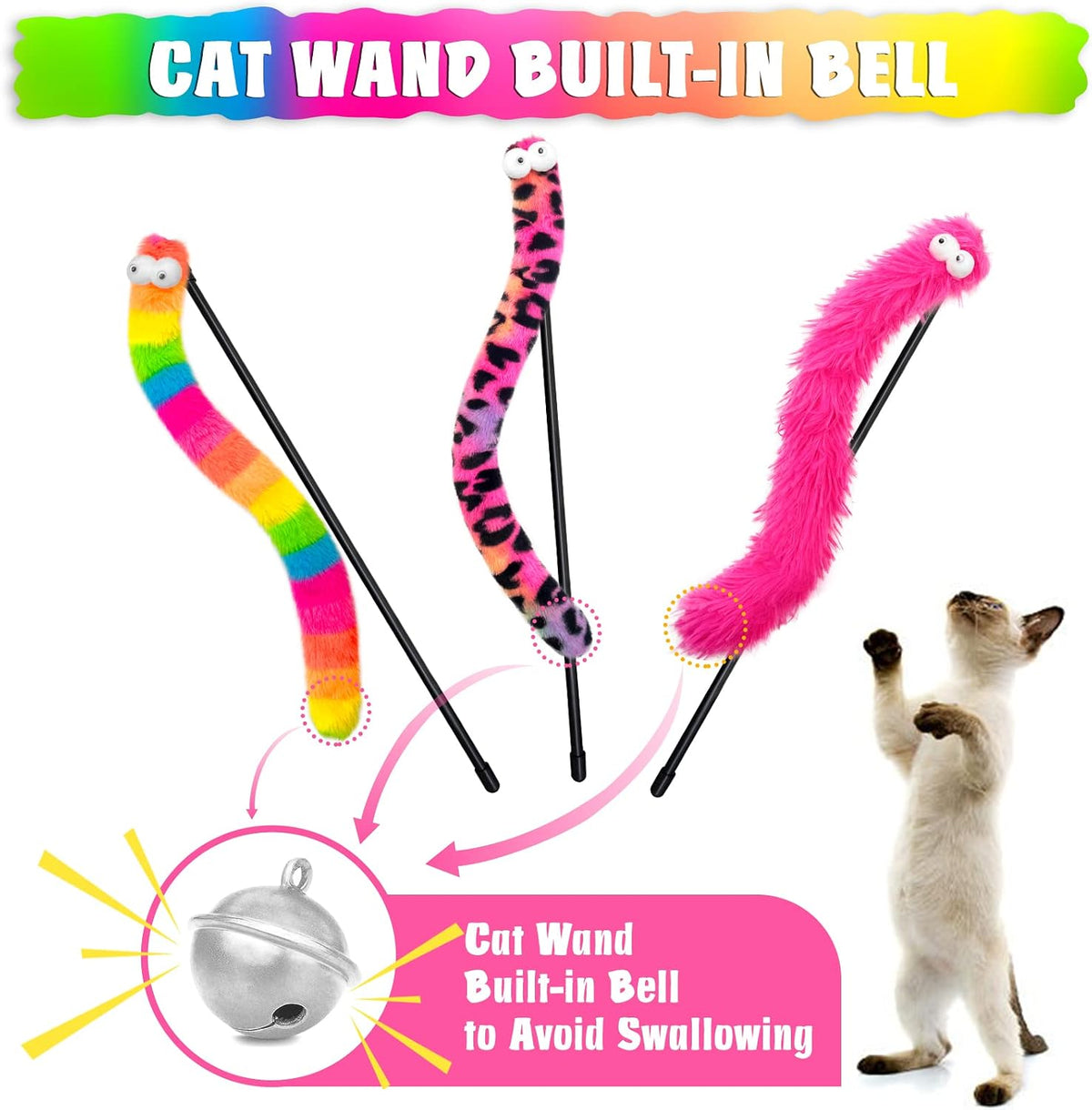 Cat Wand Toys with Bright Furry Critter Tails and Bells - image 2