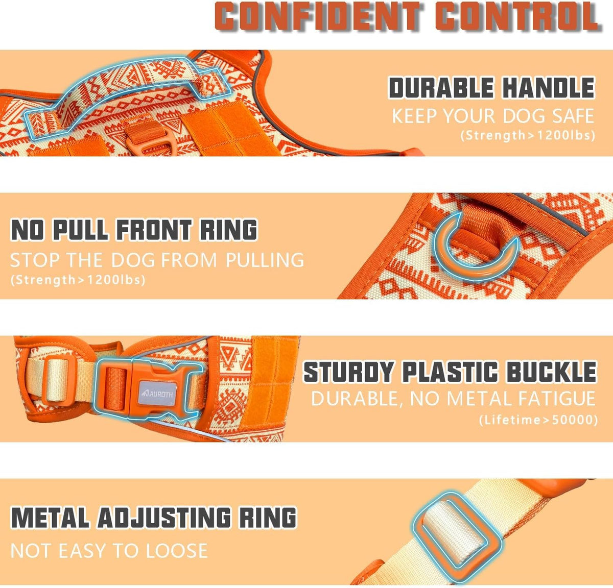 AUROTH Dog Harness for Large Dogs - Tribal Patterns-Orange / L(Neck:18-29",Chest:24-37"),45-80 lbs - image 3