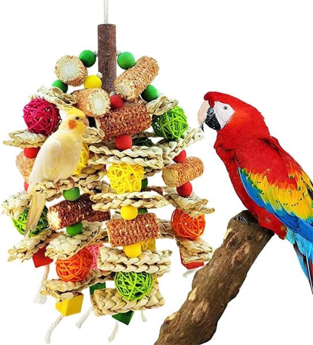 Natural Wood Bird Swing Perch with Decorative Leaves – Essentials for Birds - Colorful / Large