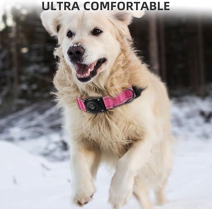 Airtag Dog Collar - 100% Waterproof Air tag Dog Collar Holder for Apple AirTag, Reflective, Soft Padded, Everlasting, GPS Dog Collar for Small Medium Large Dogs (Hot Pink, L)