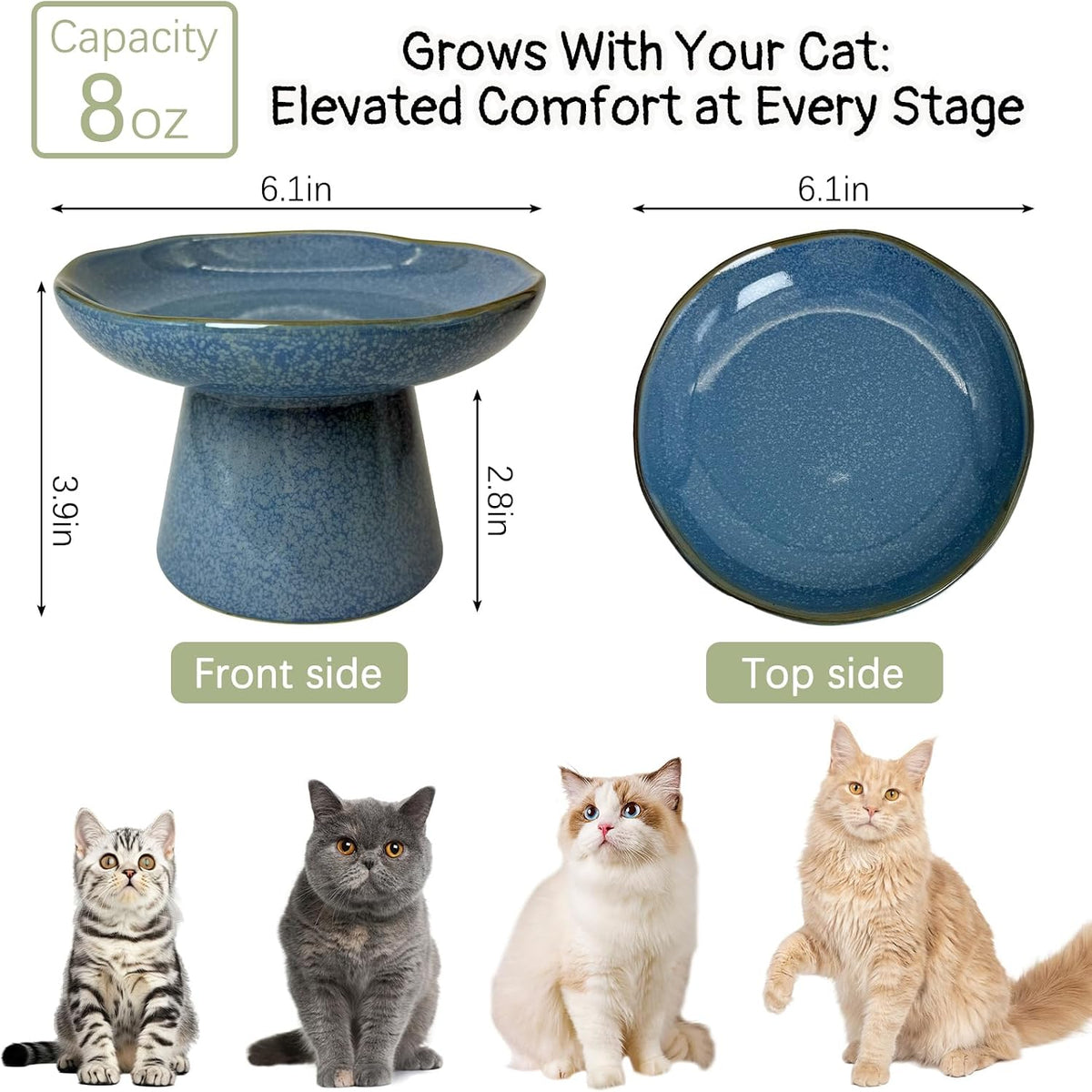 VCEPJH Elevated Cat Bowls 6.1in Wide Shallow Ceramic Raised Food Dish – Essentials for Cats - Blue(Pack of 2) - image 2