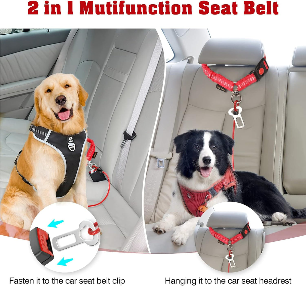 Chew Proof Dog Car Seat Belt - Red / 2 Pack - image 3