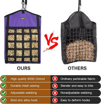 Hay Bags for Horses,3 Packs Slow Feed Hay Bags for Goats,Sheep,Donkey,Premium Oxford Hay Feed Bags with Front Hay Nets Design, Easy to Fill and Hang with Large Opening (2Purple + 1Black)