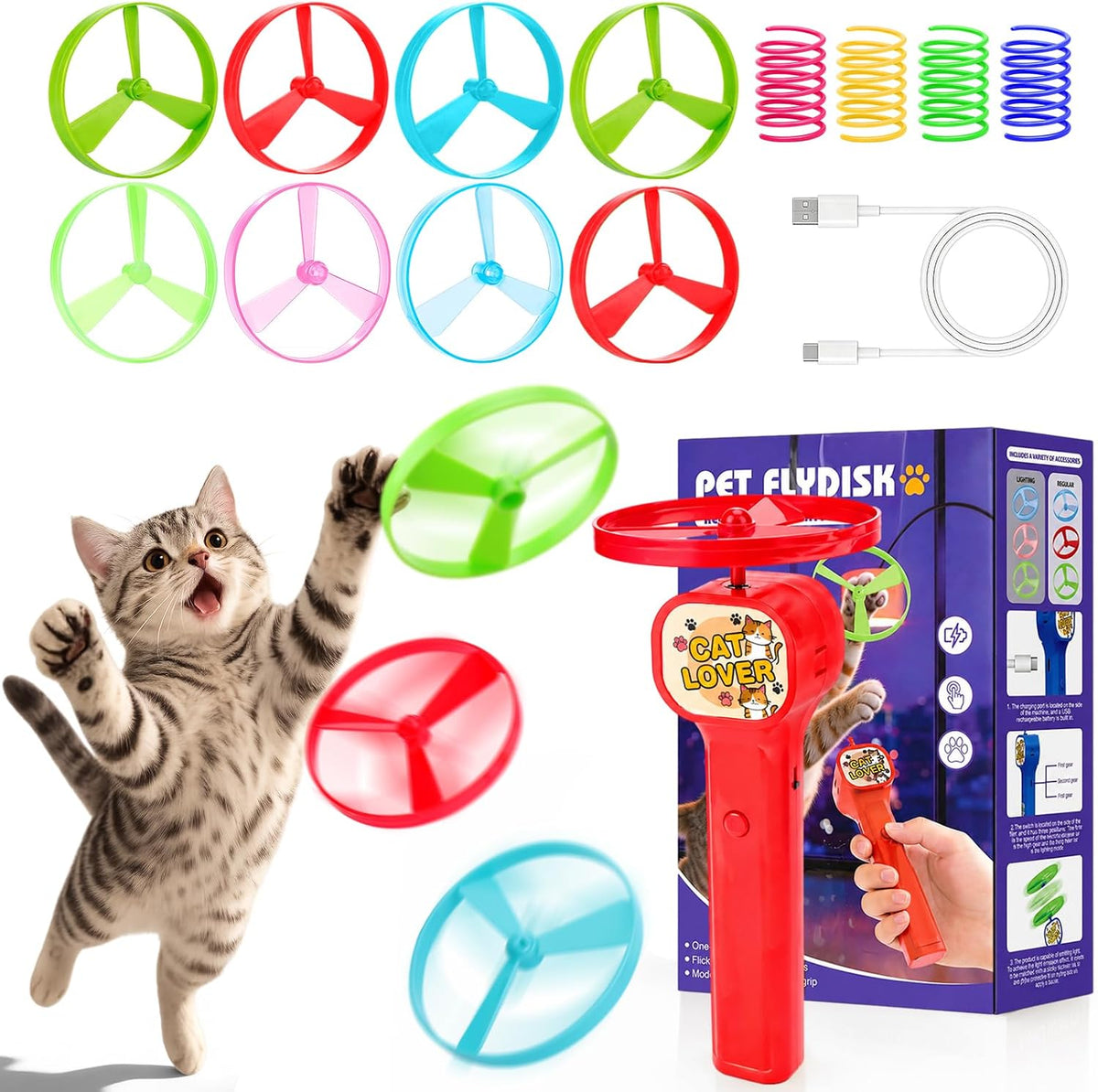 Cat Toy Disc Launcher, Rechargeable Interactive Cat Fetch Toy Launcher with 8 Flying Discs, Flying - Red-1