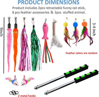 2pcs Retractable Wand Toys, Cat Fishing Rod with 11 Pcs Feather Refills for Indoor & Outdoor Cats