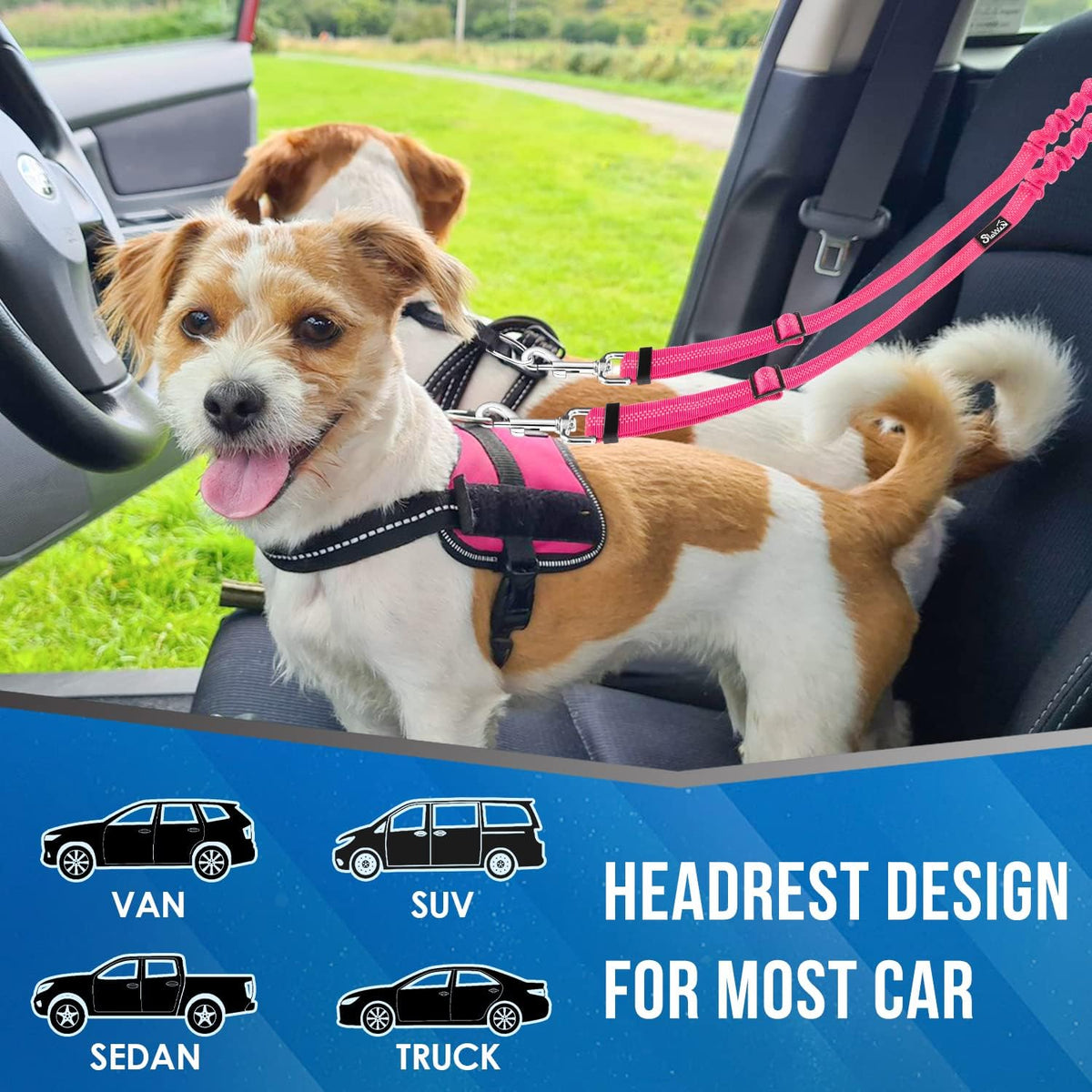 Lukovee Double Dog Car Seat Belt, No Tangle Headrest Restraint – Essentials for Dogs - Fluorescent Pink / 1 Pack - image 4