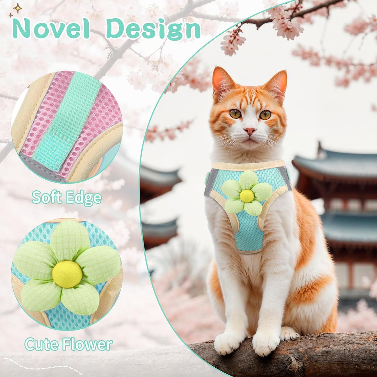 Cat Harness and Leash Set, Escape Proof Soft Vest Walk Pink XS – Essentials for Cats - Turquoise green / Small - image 2