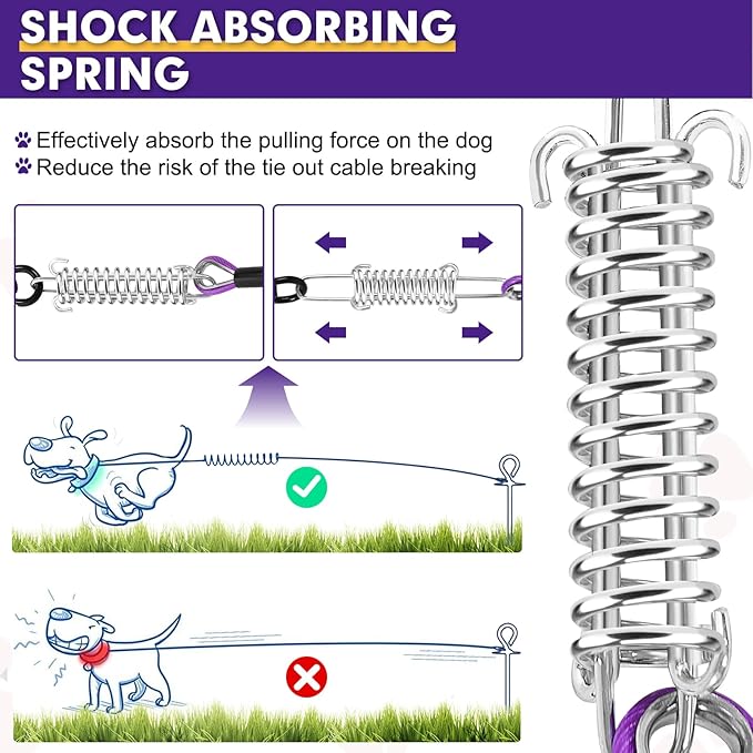 Snagle Paw Dog Tie Out Cable 30FT-1000LBS Break Strength,Heavy Duty Dog Leads for Yard with Shock Absorbing Spring & Swivel Hook,Long Leash Cable for Outdoor Tethering,Dog Line for Small Large Dogs