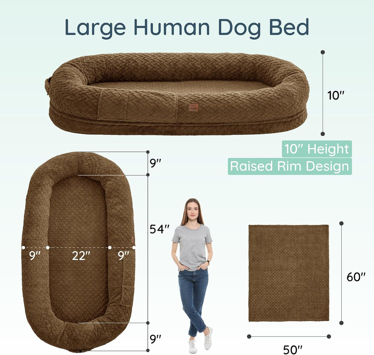 Orthopedic Human Dog Bed, with Faux Fur Washable Cover, Blanket - Brown / Human Dog Bed (72x40x10) - image 2