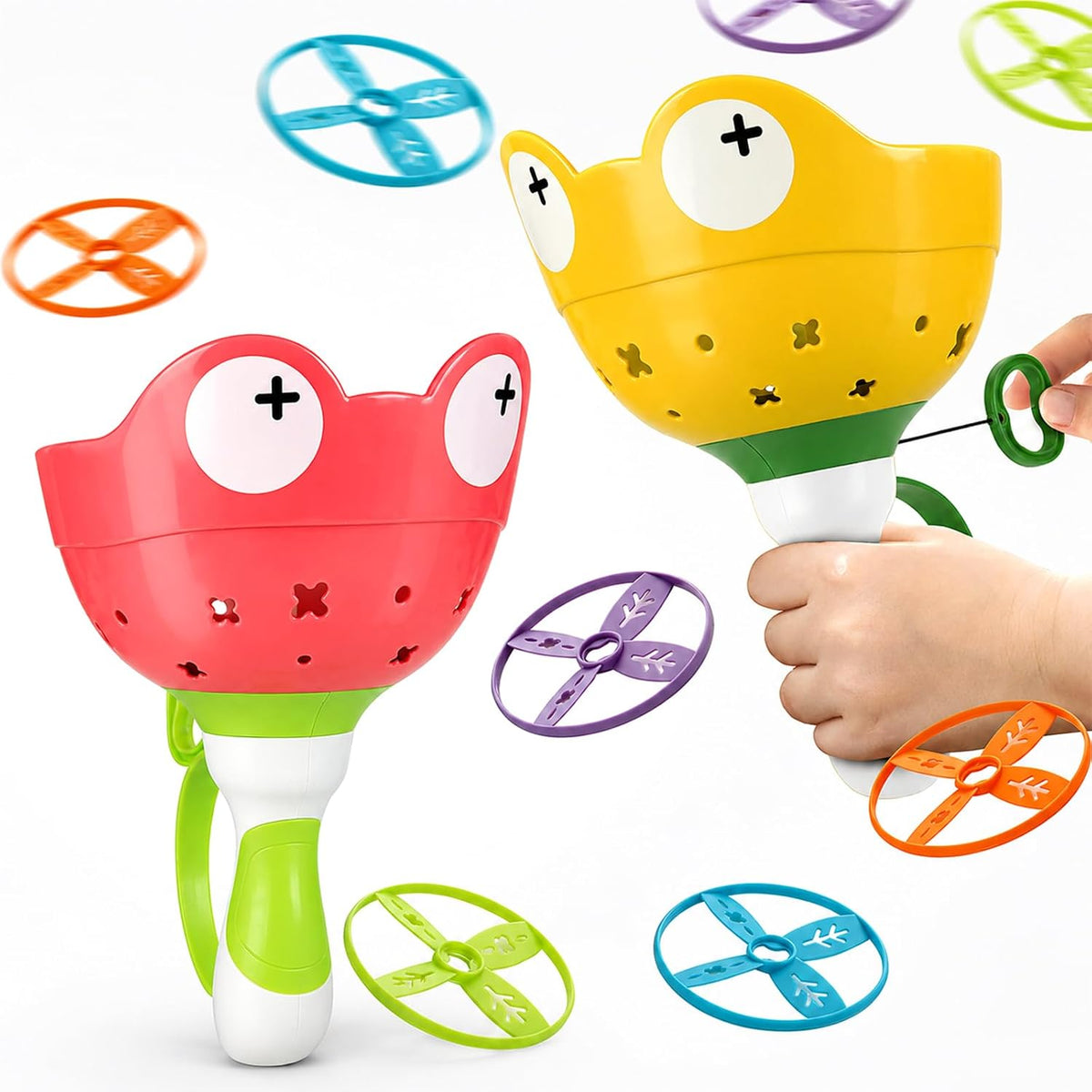 daboot flying disc launcher toy set with two launchers and colorful flying discs