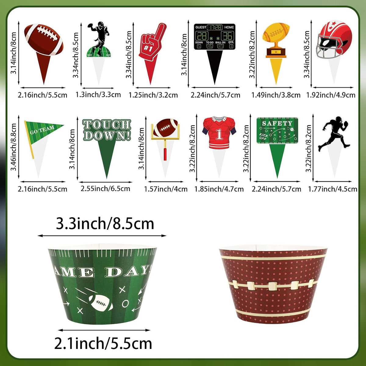 Hxezoc football cupcake toppers and wrappers set with brown and green football designs - view 29