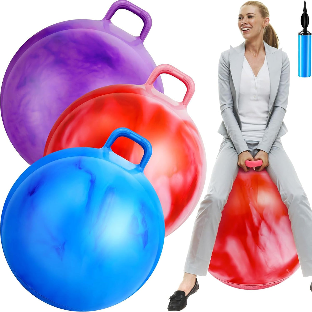 Lewtemi 3 Pcs 29" Hopper Ball Handle, Gradient Red - 29" / Gradient Red, Gradient Blue, Purple