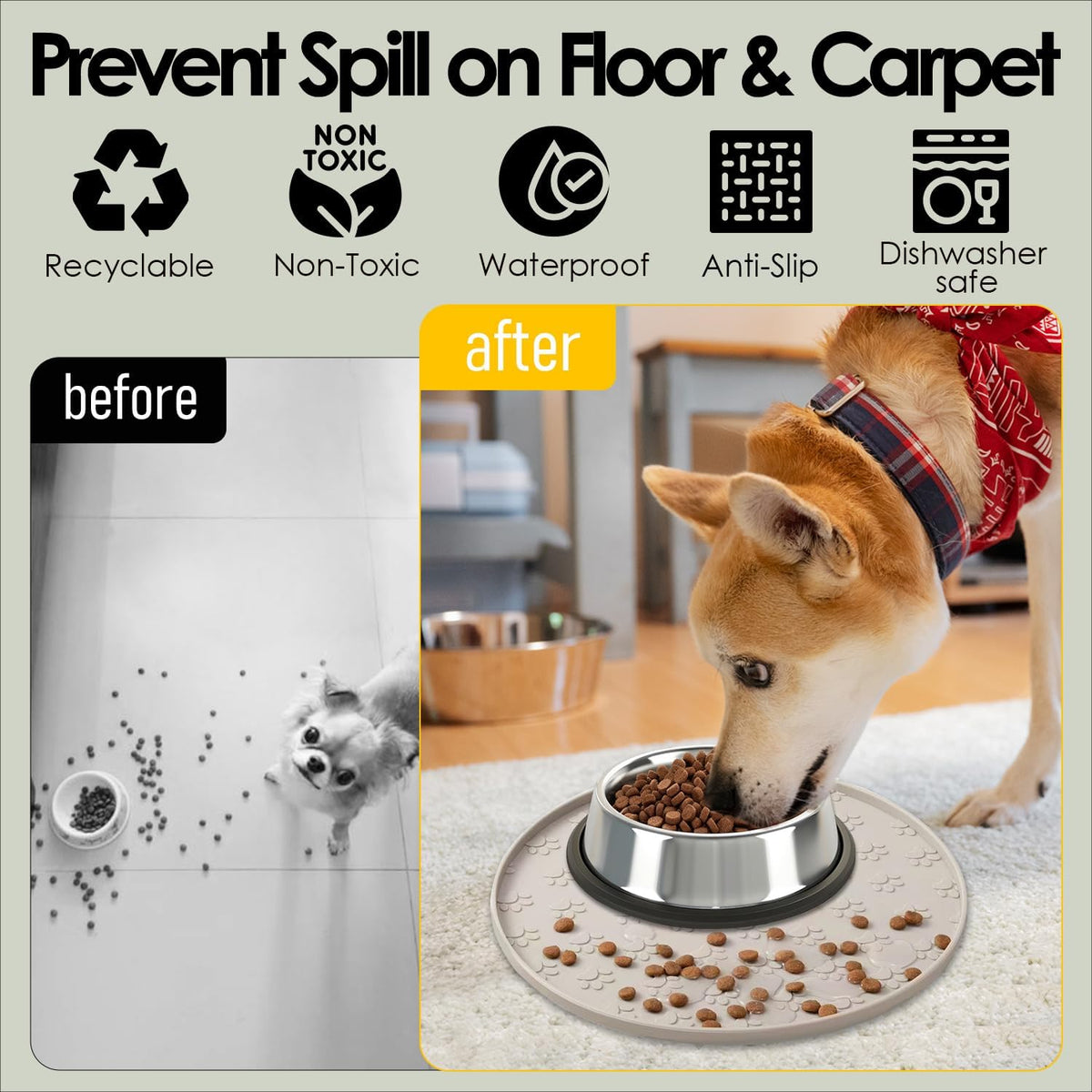 Pet Feeding Mat, Waterproof Anti-Slip Placemats for Dog Cat Bowl Silicone Pet Food Mat, Raised Edge - 1 Beige / 10.9"L x 10.9"W - image 2