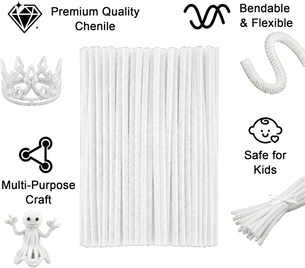 Black Pipe Cleaners for Crafts, Craft Supplies, Arts and Crafts - White - image 4