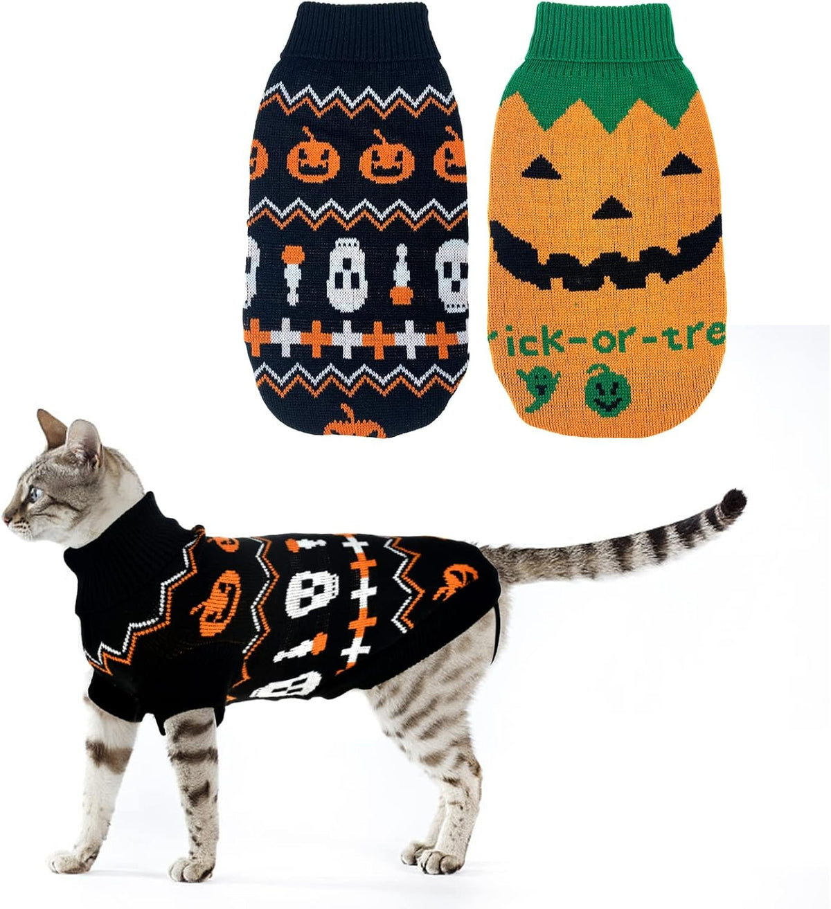 2 pack pet Halloween sweaters in orange pumpkin and black skull designs for cats and small dogs