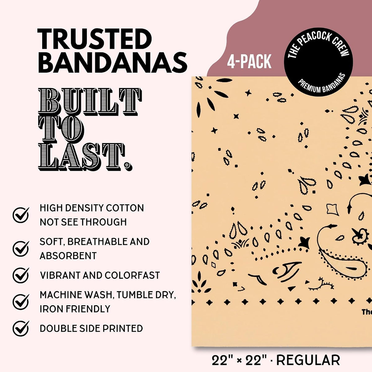 Premium Soft Cotton Bandanas Pack for Men and Women Paisley 22 x 22 - Pack of 4 Almond - image 2