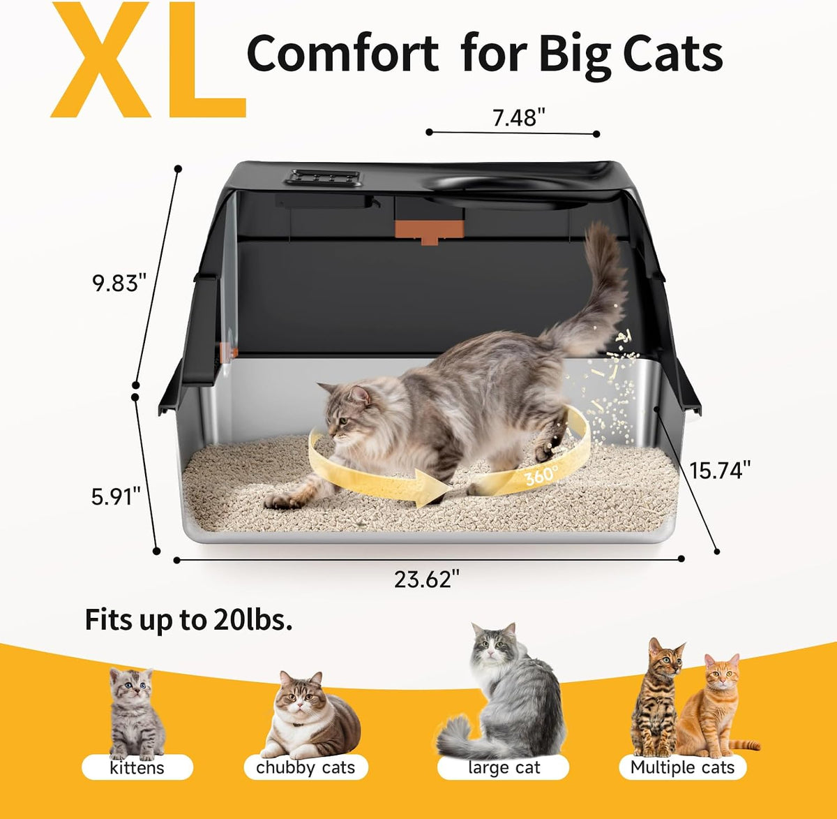 XL Enclosed Stainless Steel Litter Box with Lid - Black - image 4