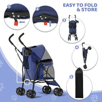 Magshion Compact Pet Stroller for Small-Medium Dogs/Cats up to 22lbs, 4-Wheel Lightweight Umbrella Shaped Portable Puppy Travel Jogger with Breathable Mesh, Cup Holder & Rear Storage, Navy Blue