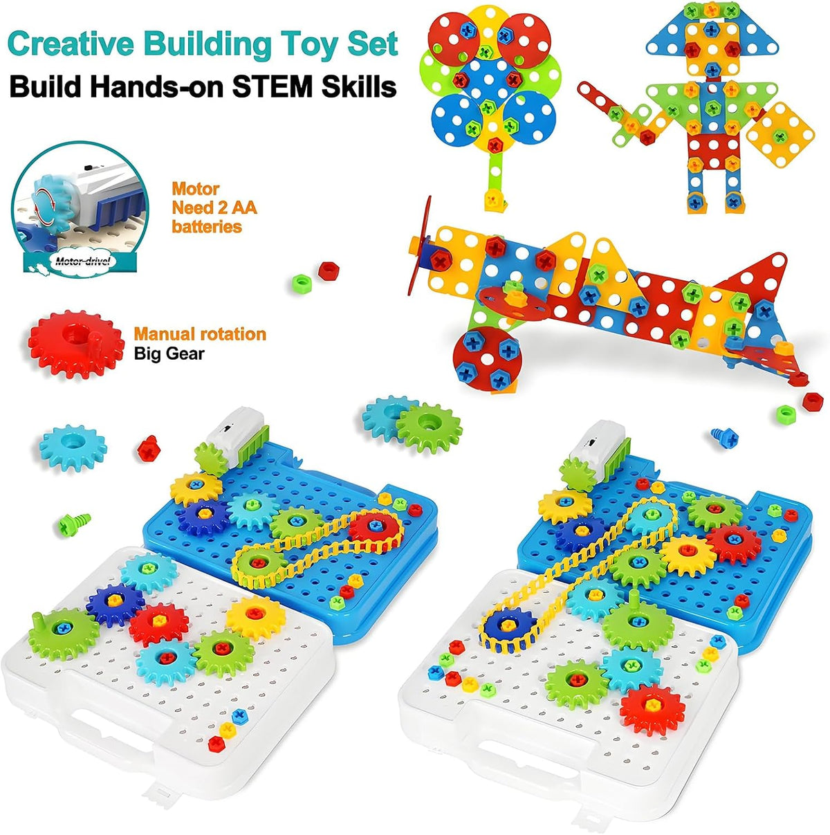 IIROMECI 280 piece gears building toy set with motor and toy drill - view 2