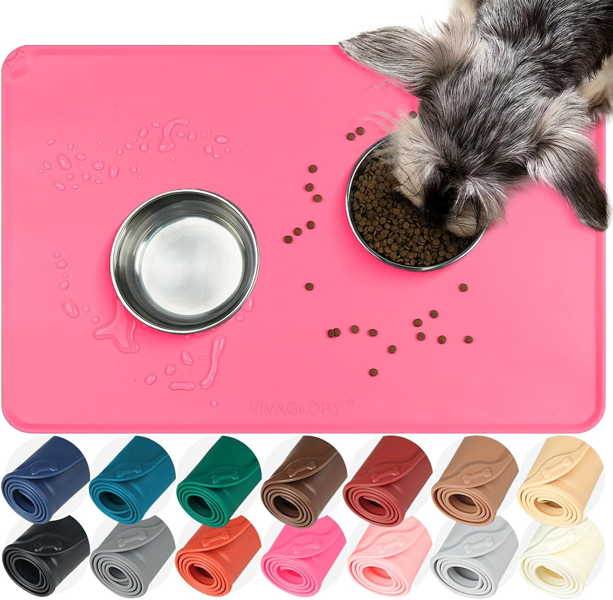 VIVAGLORY Pet Food Mat Flexmat Dog Bowl Mat, S - Pink / S (18.9 x 11.8in)