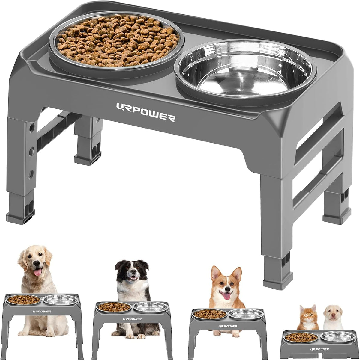 URPOWER Raised Dog Bowls 4 Height Adjustable Elevated Bowl Stand – Essentials for Dogs - Light Grey