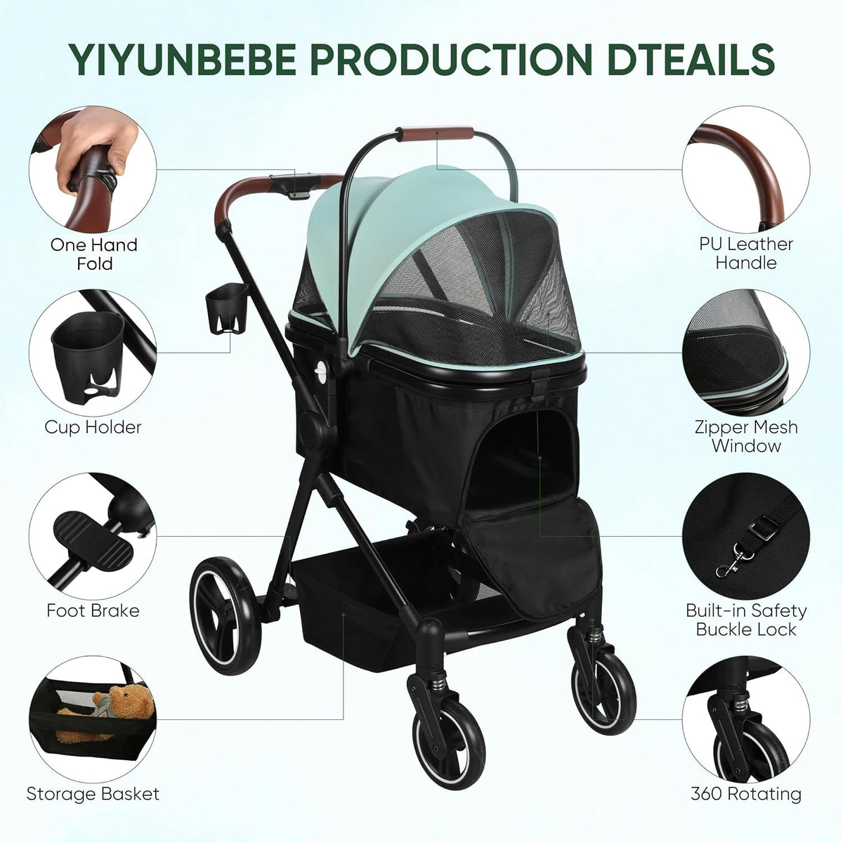 Foldable Double Pet Stroller for 2 Small Medium Cats Dogs – Essentials for Cats - Green / Single - image 4