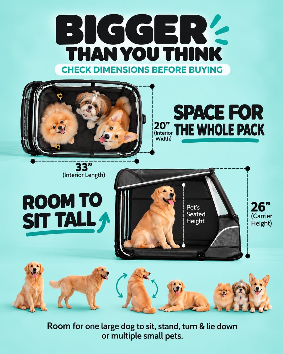 Zoosky Large Dog Stroller for 3 Dogs, up to 110lbs（33‘’Lx20‘’W） – Essentials for Dogs - image 2