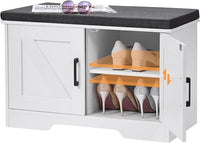 2-Tier Storage Bench, Shoe Bench with Padded Seat Cushion, Entryway Bench with 2 Barn Doors, Adjustable Shelf, 13.8" D x 27.6" W x 17.7" H, for Entryway, Living Room, Bedroom, White