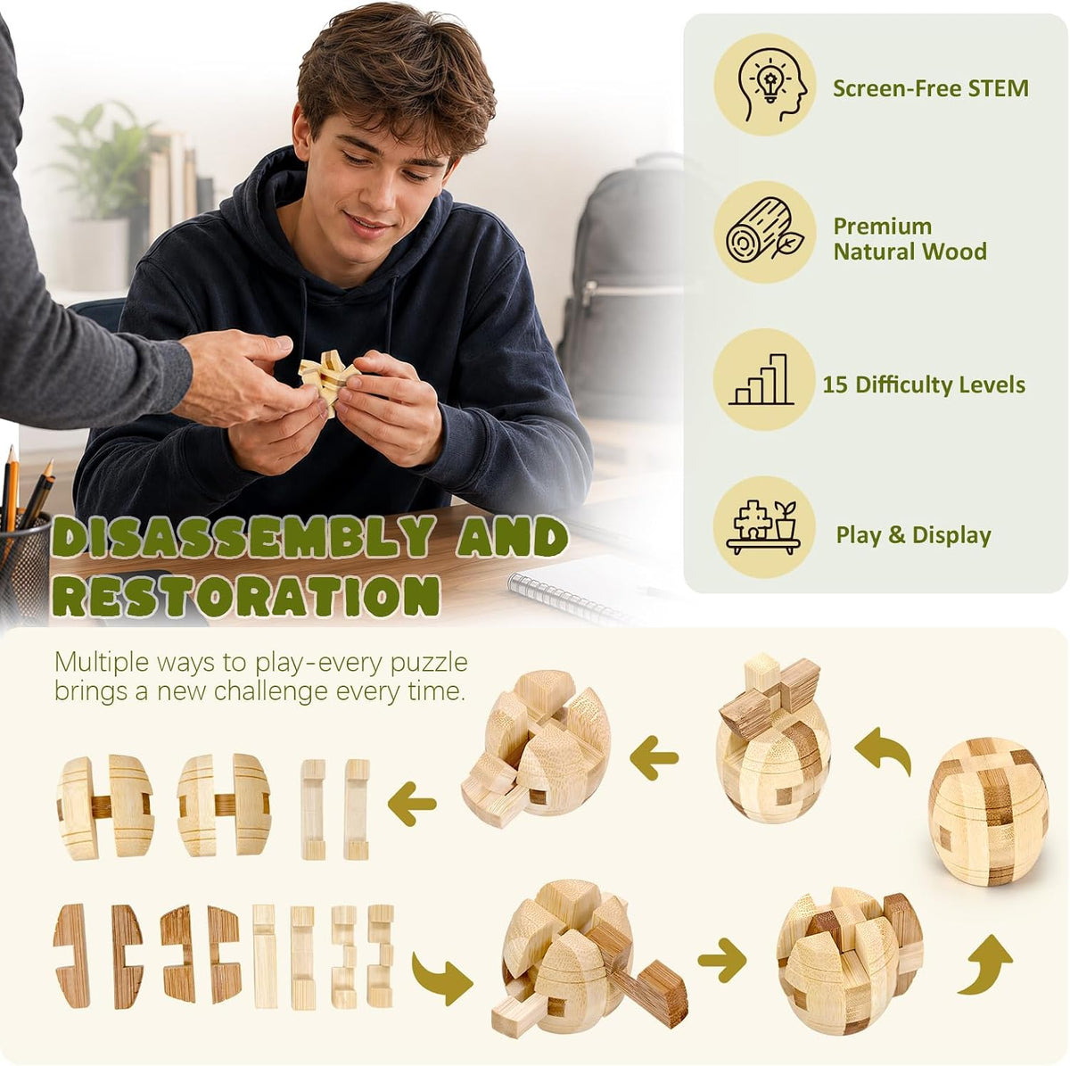 VolksRose 12pcs Wooden Brain Teaser Puzzles - A-15pcs-4.7cm - image 3