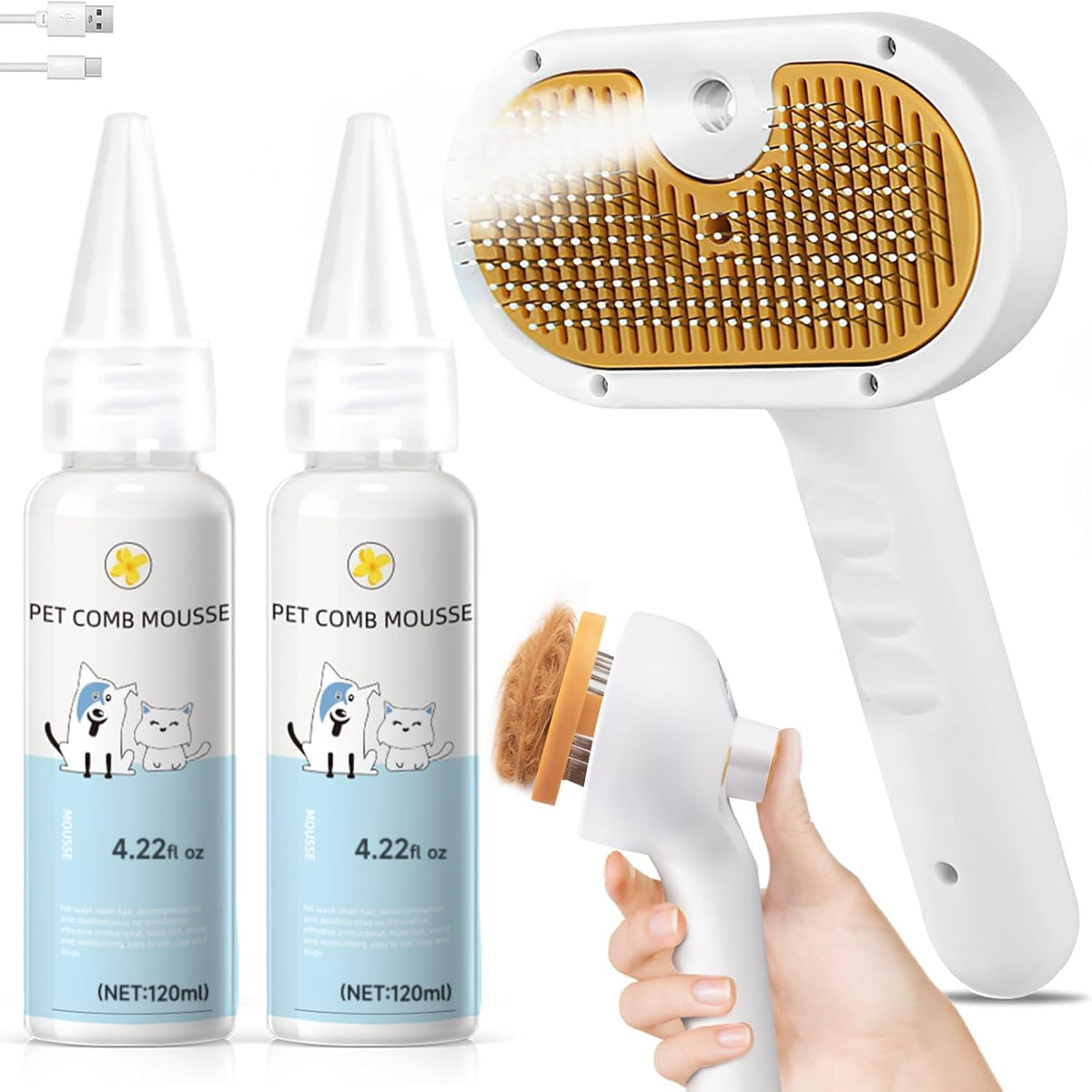 Pet Steam Brush for Dog & Cat Includes Waterless 2*Shampoo – Essentials for Cats - 7.8"-240ML