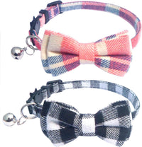 2 Pack/Set Cat Collar Breakaway with Cute Bow Tie and Bell for Kitty - Black+Pink / Plaid