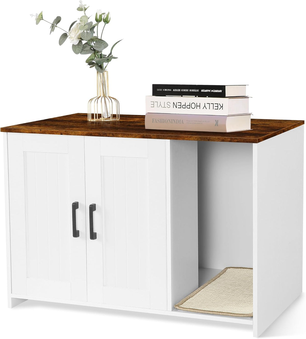 Cat Litter Box Enclosure, with Scratching Mat - White+Rustic Brown / 27.6"L x 18.2"W x 19.6"H
