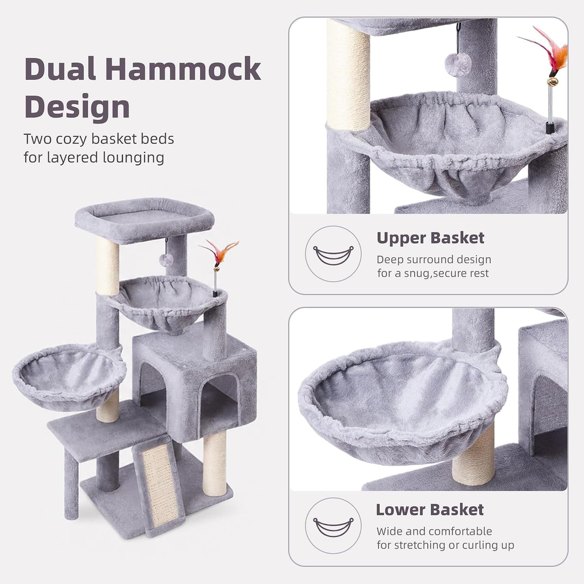 Cat Tree with Cat Condo and Hammock - Grey / 37" - image 4