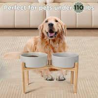 SPUNKYJUNKY Elevated Dog Bowls Ceramic, 8.3'' Dogs Food Water Bowls Raised with Non-Slip Bamboo Stand for Large Sized Breed Microwave Dishwasher Safe - 60 OZ,Grey