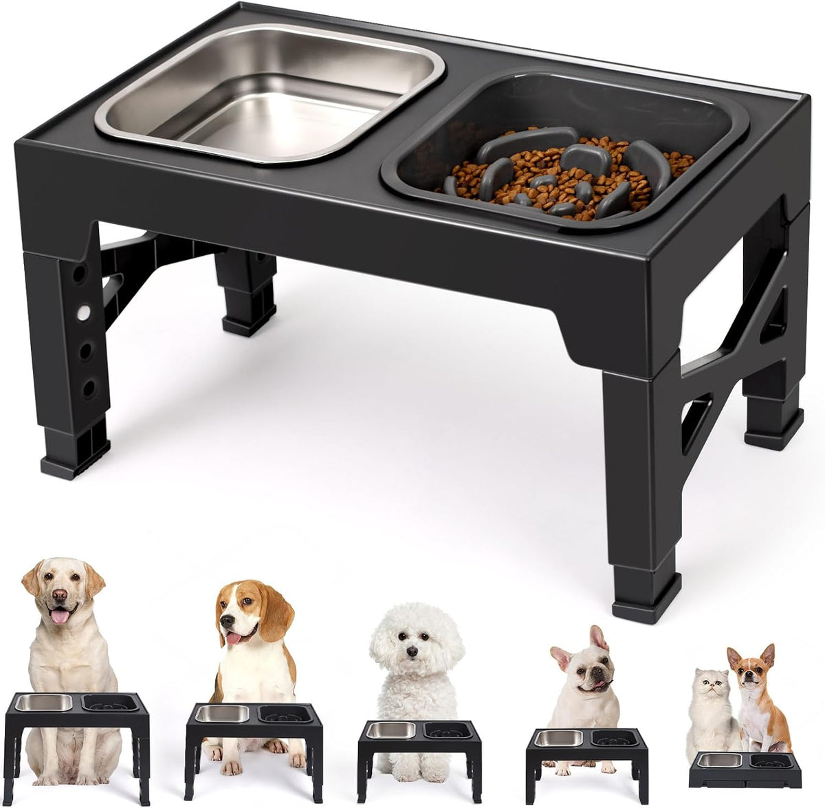 Elevated Dog Bowls with 2 Stainless Steel Dog Food Bowls - Black / Square Slow Feeder