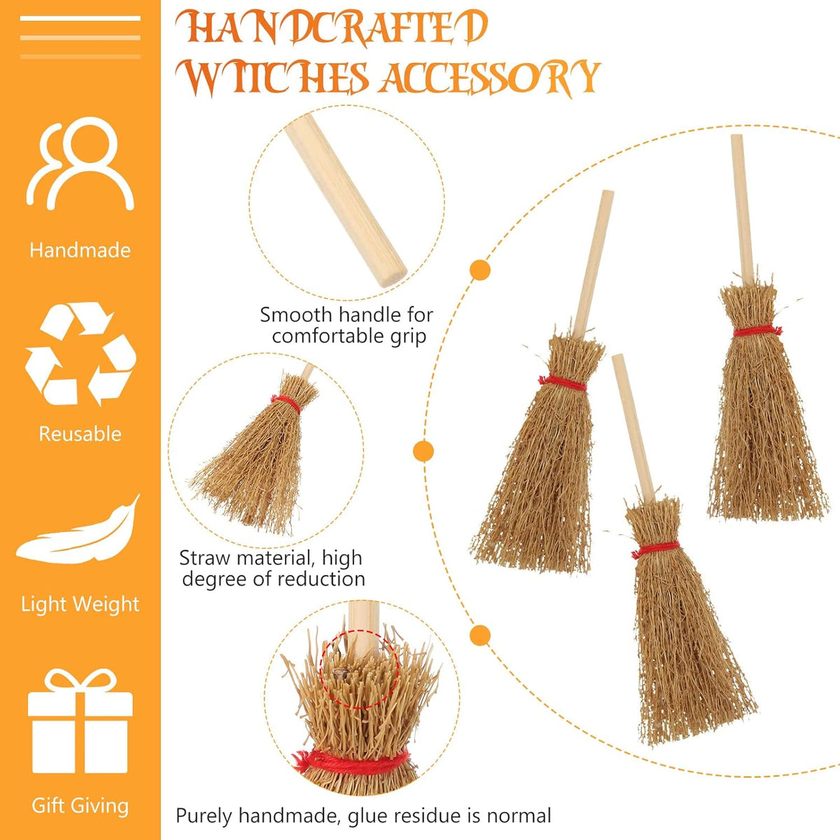 Cindeer mini witch brooms with straw heads, wooden handles and red rope ties - view 3