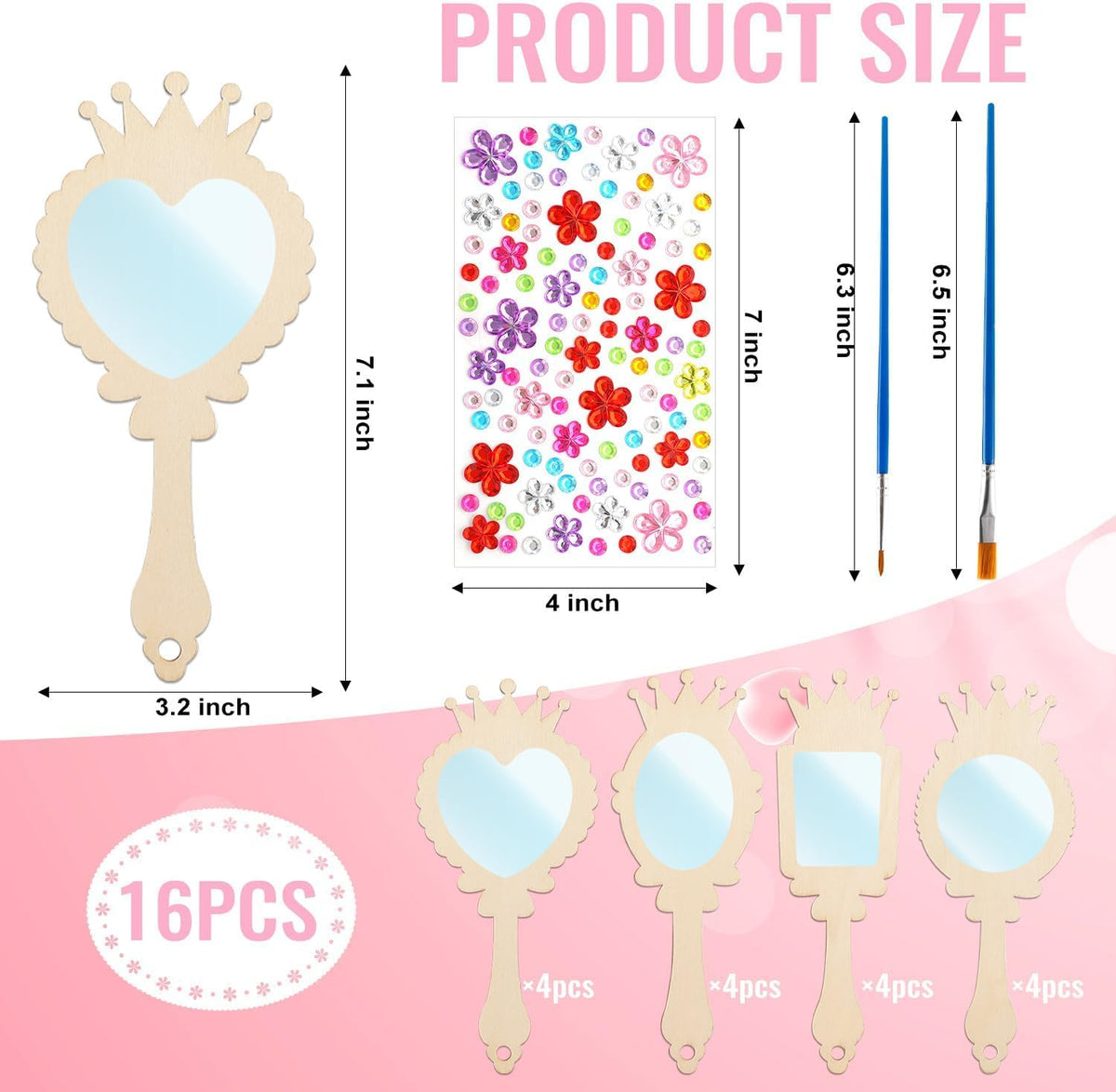 XJWWHZ wooden princess mirror craft kit, 12 DIY mirrors with gem stickers and brushes - view 6