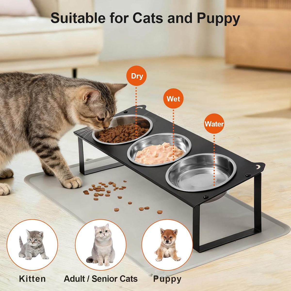 Elevated Cat Bowls with Food Mat - Black-3Bowls - image 3