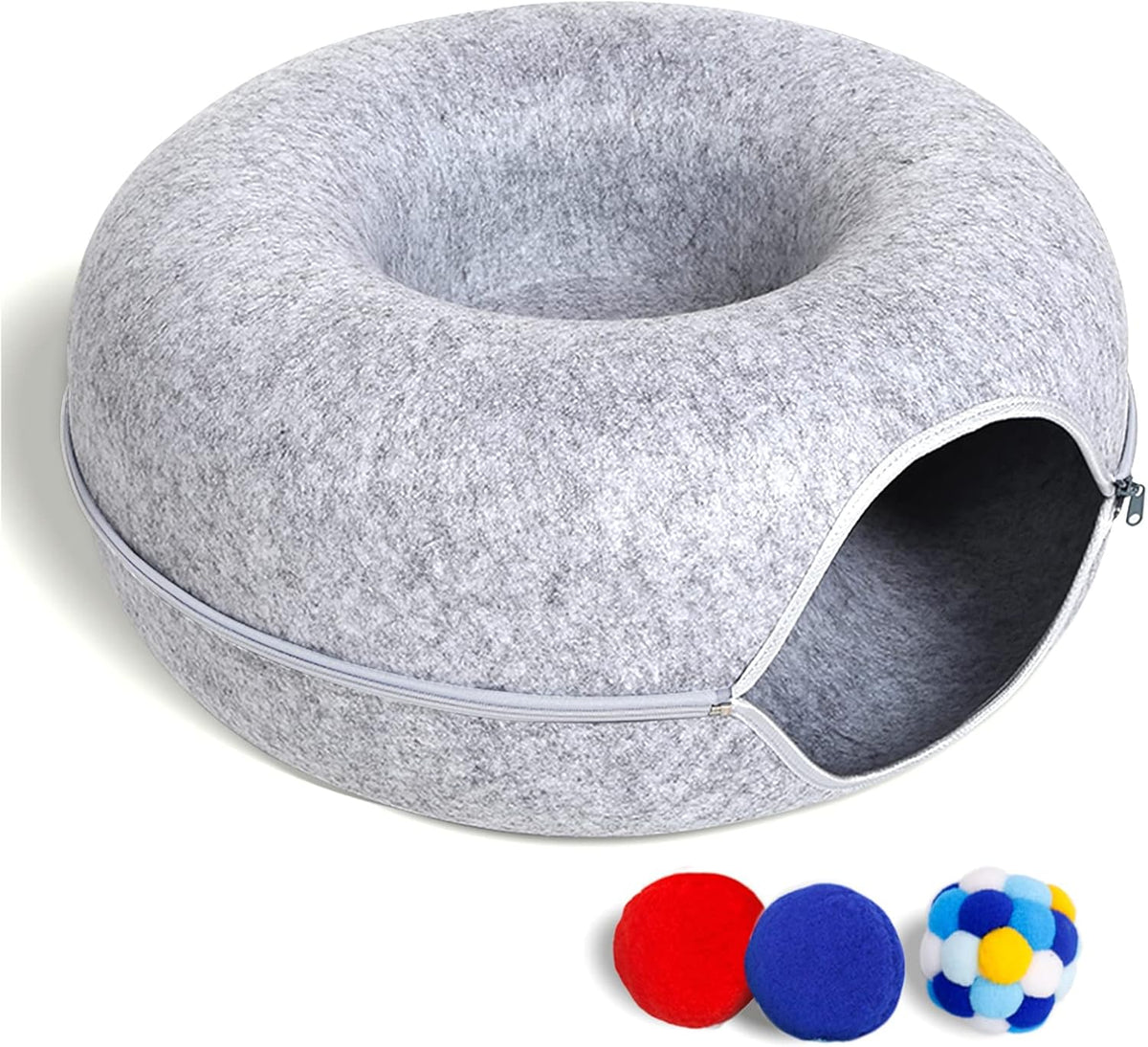 Large Cat Tunnel Bed for Indoor Cats with 3 Toys - M(20x20x9) / Light Grey