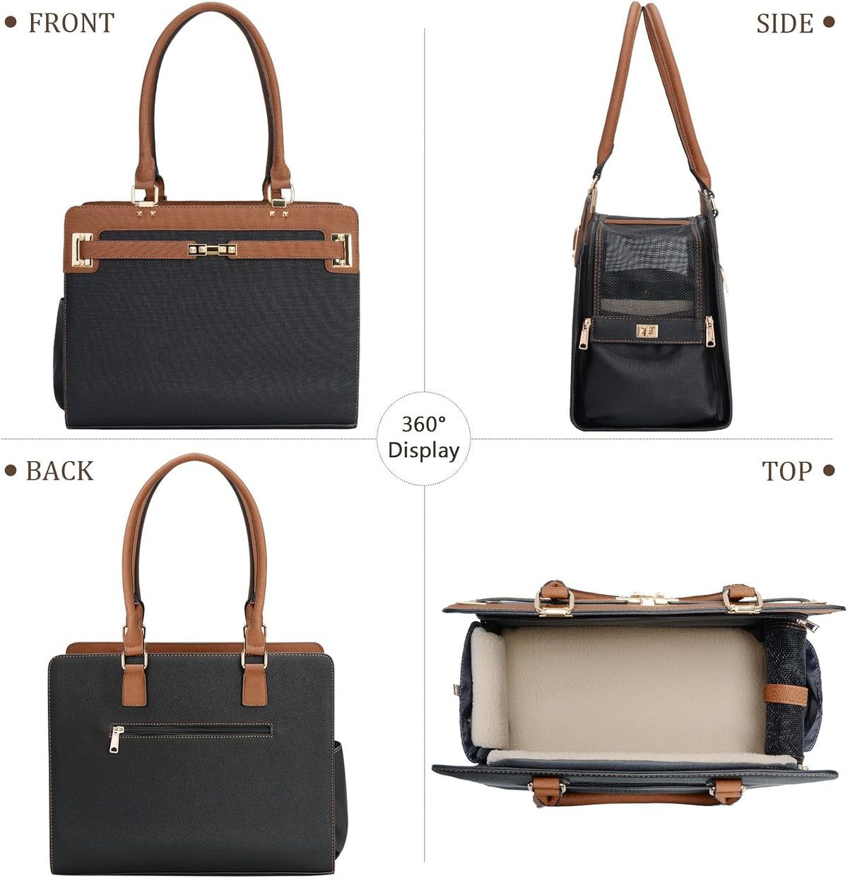 2-in-1 Stylish Dog Purse Carrier Travel Tote Bag for Small Dogs Cats - Black+Brown / 15" L x 7.5" W x 12.2" H - image 3