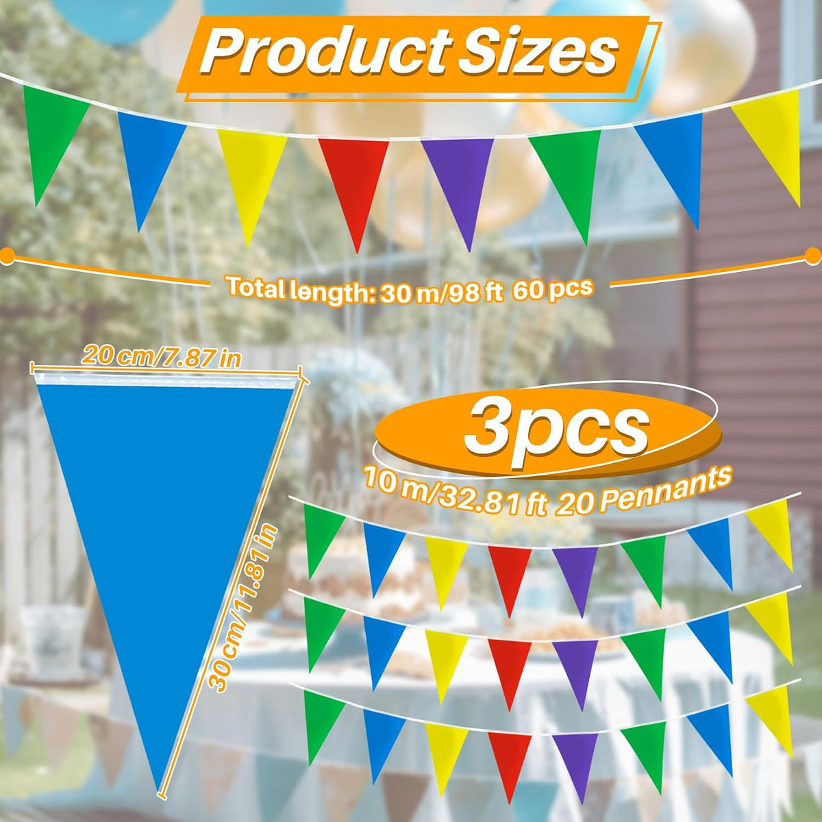 MAQIHAN 52.5 Ft Colorful Pennant Banner Flags - 5 Colours - 3PCS - image 2