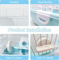 PINVNBY Dwarf Hamster Cage, Small Animal Cages, 2-Tier Travel Portable Mouse Cage Hamster Carrier with Castle House Running Exercise Wheels, Water Bottle and Food Dis（Blue）