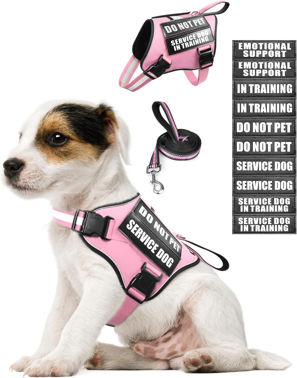 Service Dog Vest Harness and Leash Set+10 Patches - Extra-Small / Pink