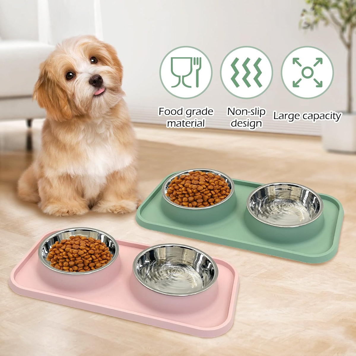 BNOSDM Double Dog Food Bowls Stainless Steel Dog Food and Water Bowls - Pink+Green - image 4