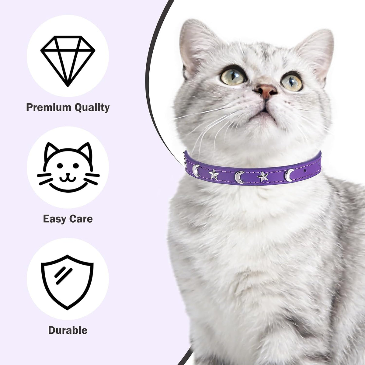 Leather Cat Collar, Breakaway Kitten Collars with Bell, Black – Essentials for Small Pets - Purple_Star & Moon / 8"-12" Cats / Mini Dogs(Pack of 1) - image 3