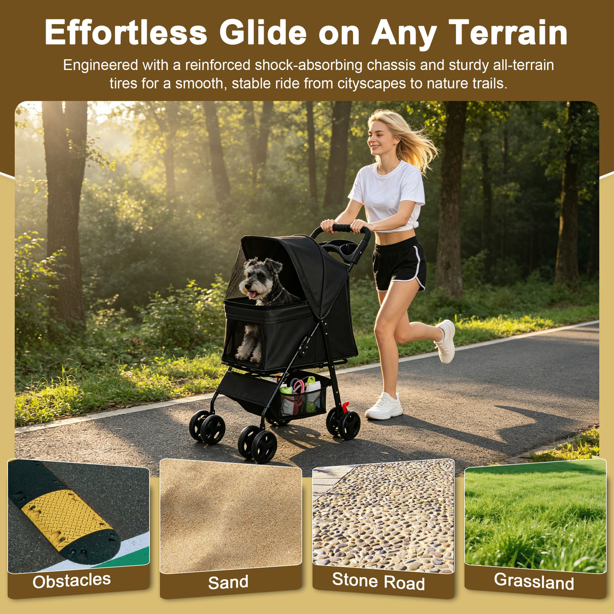 Foldable Pet Stroller for Small Dogs and Cats Under 28 lbs with Multi-Functional Tray, 2 Safety Leashes, Storage Basket 