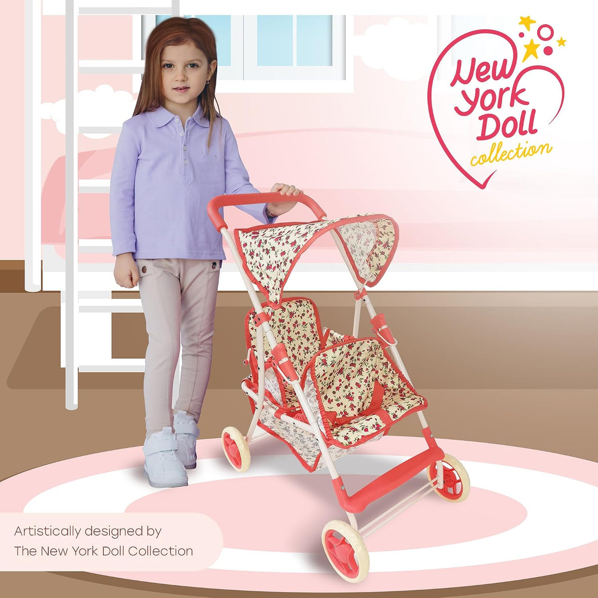 Double Baby Doll Stroller for Twin Dolls - Floral - image 2