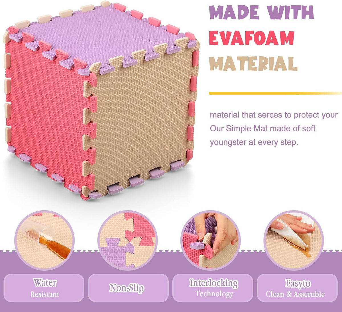 Nuanchu 60 PCS Kids Foam Puzzle Mat, Cream - Pink, Beige, Purple - image 2