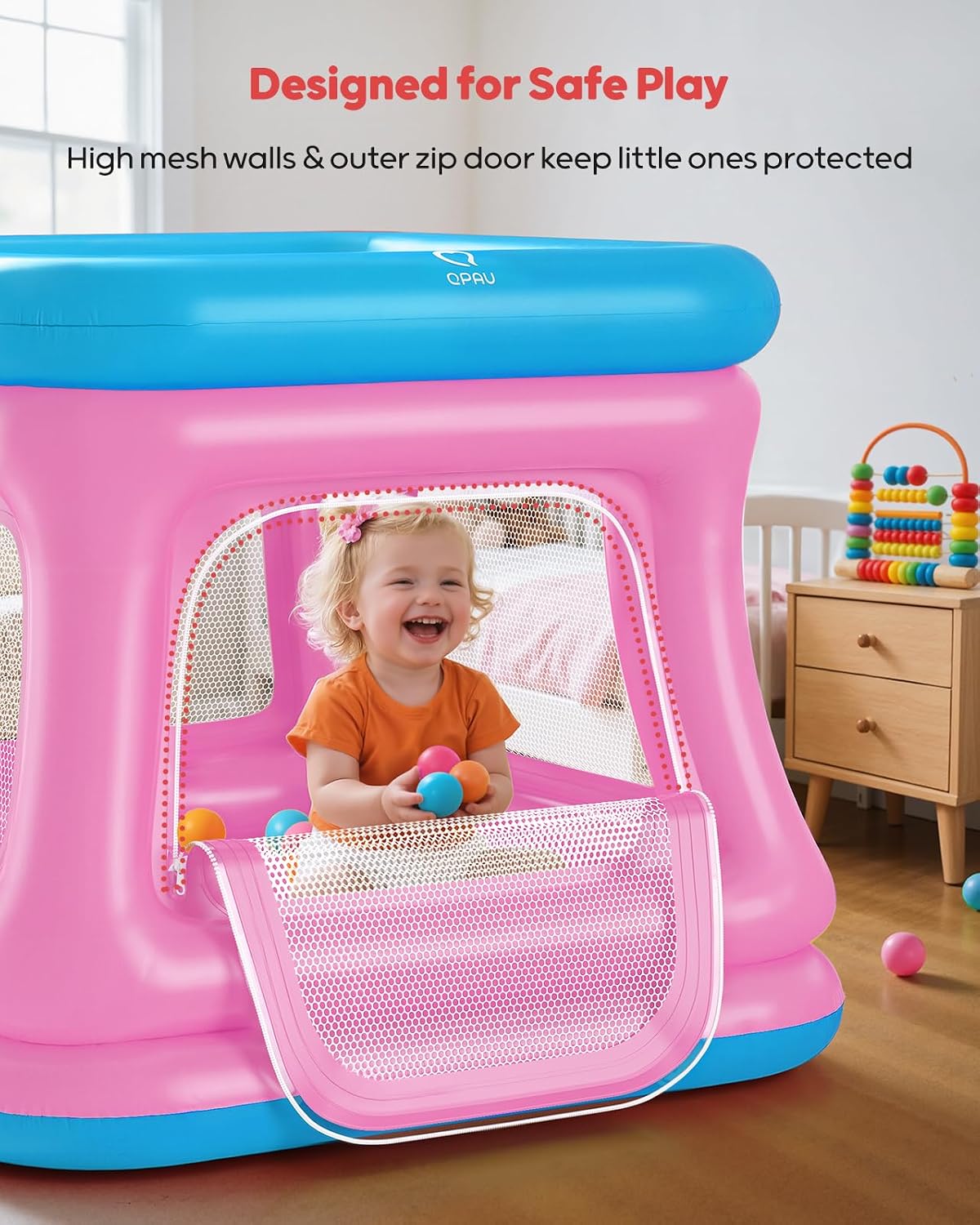 QPAU 3-in-1 Inflatable Bounce House with Pump for Toddlers 1-3 – Fun for Kids & Family - Blue & Pink - image 4
